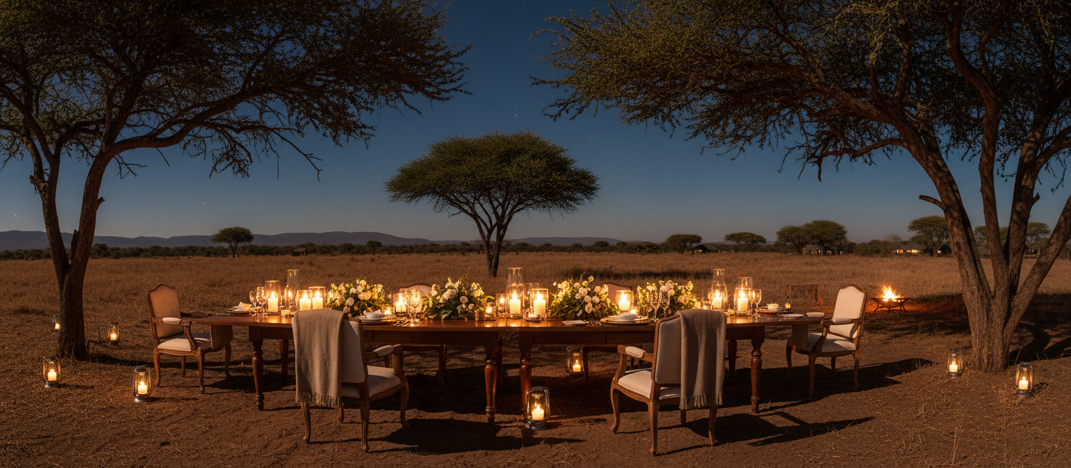 Candlelit dinner under acacia trees on the Tanzanian savanna