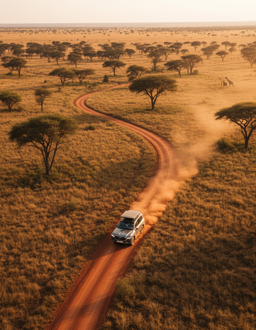 Safari vehicle on red dust track in the Serengeti